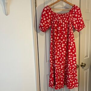 Indigo Rose Red Daisy Puff-Sleeve Midi Dress